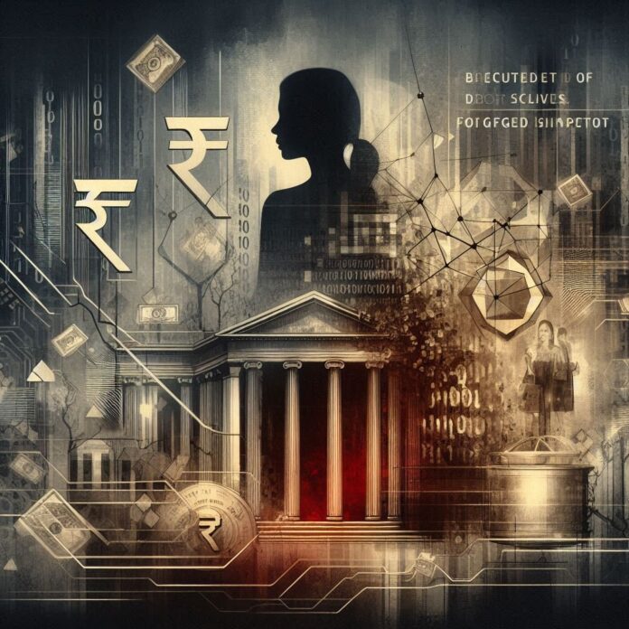 Conceptual digital artwork showing banking fraud involving forged documents and misused customer funds.