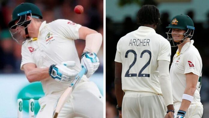 Jofra Archer felled Steve Smith with a fiery bumper on his Test debut at Lord's. The Australia later responded with a cracking double hundred in Manchester. (Reuters/ICC Media Zone)